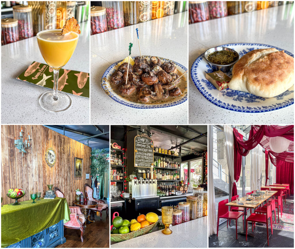 Six photo collage of Beehive cocktail, mushrooms, Papo Seco, chairs, bar, and table at Lonely Siren.