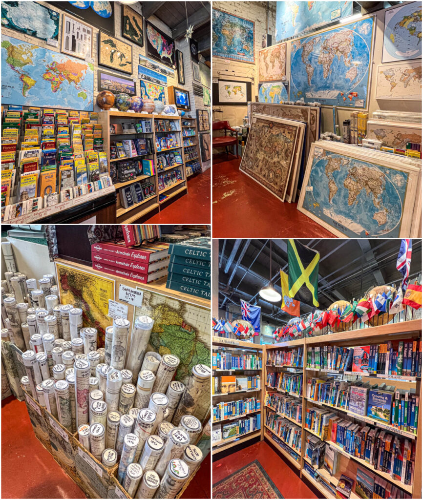 Four photo collage o maps, globes, and books on display at Metsker Maps of Seattle.