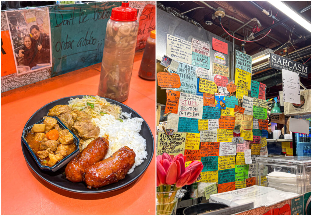 Two photo collage of longanisa, pork adobo, and menudo on a plate and colorful signs on a wall at Oriental Mart.