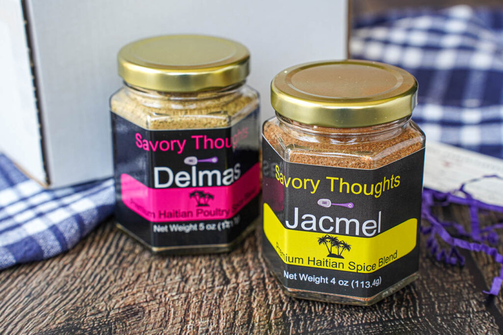 Jars of Jacmel and Delmas Premium Haitian Spice Blend by Savory Thoughts.