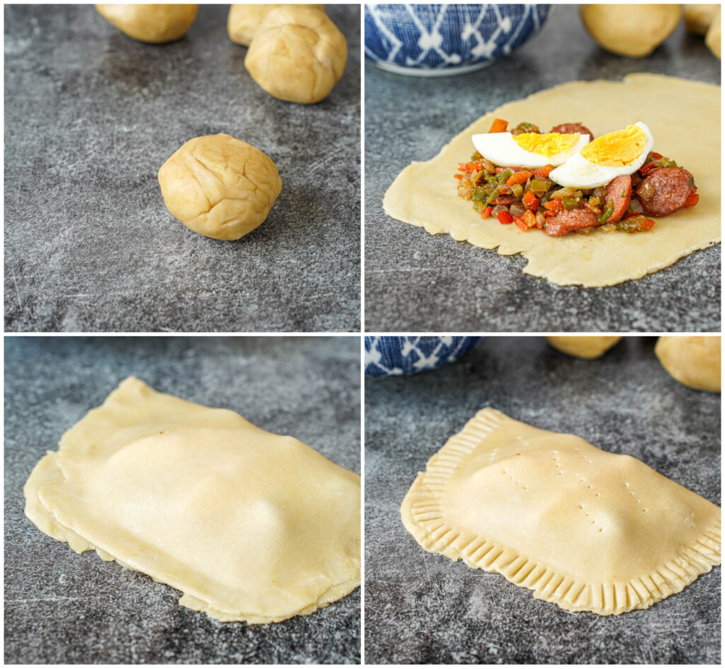 Four photo collage of ball of dough, sheet of dough topped with hot dog and hard boiled egg mixture, dough folded over, and dough sealed with a fork.