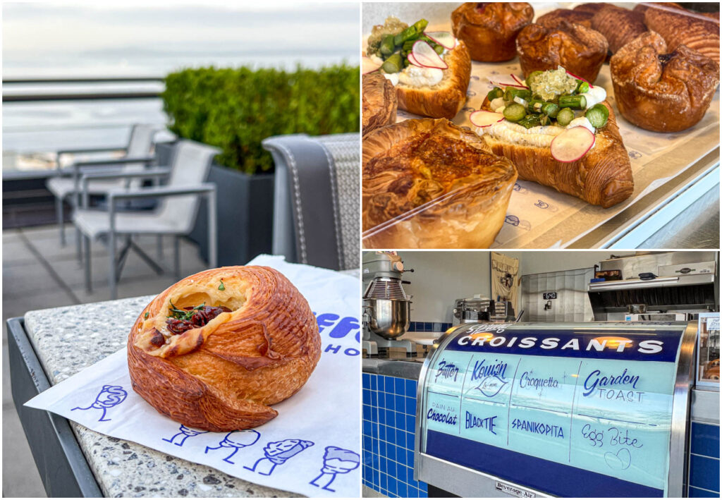 Three photo collage of Croquetta croissant, pastries on a shelf, and croissants sign at Pufftown Bakehouse.
