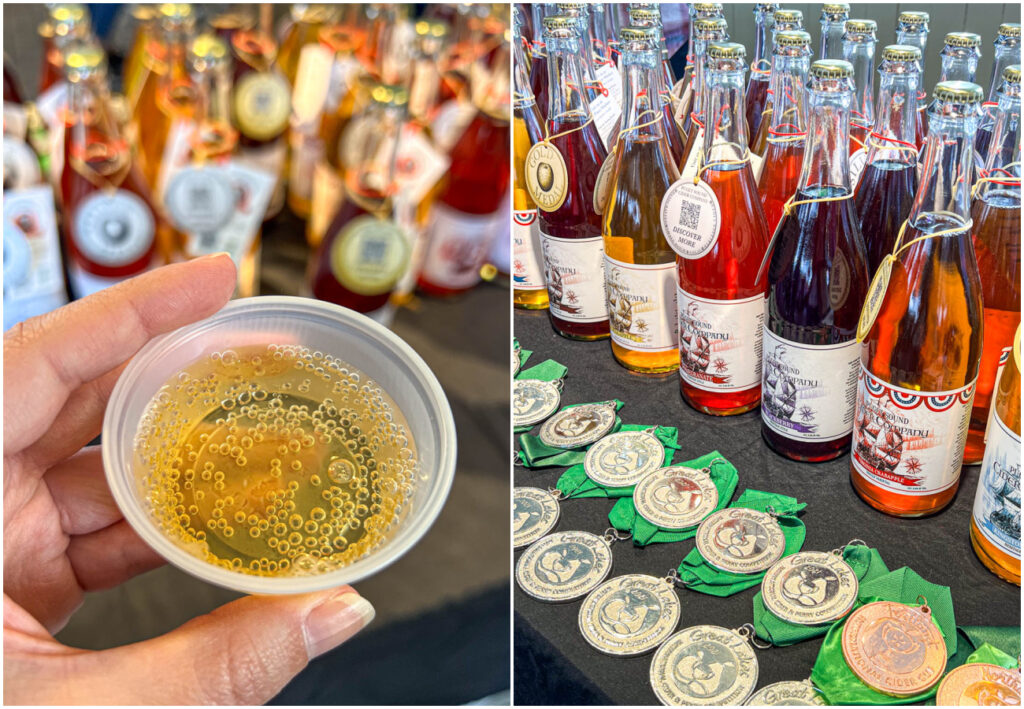 Two photo collage of cider in a small cup and glass cider bottles lined on a table.