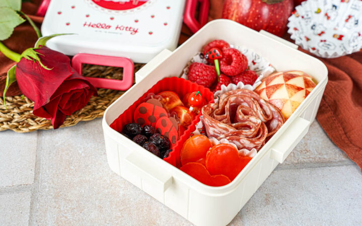 Red Bento Box lunch of heart-shaped bell peppers, salami, triangle design on an apple half, dried cranberries, cherry tomatoes, and raspberries.