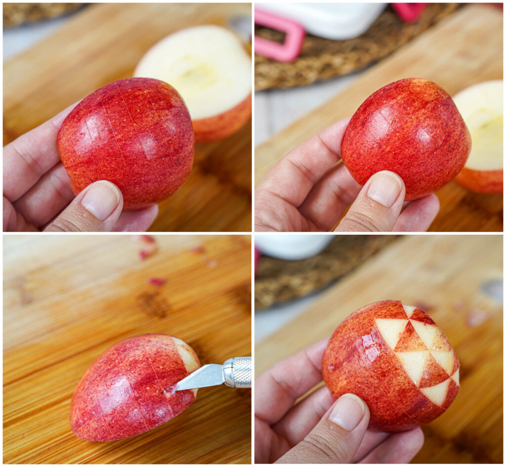 Four photo collage of cutting lines on an apple, cutting triangles on an apple, peeling off a triangle with an exacto knife, and making an alternating triangle design.