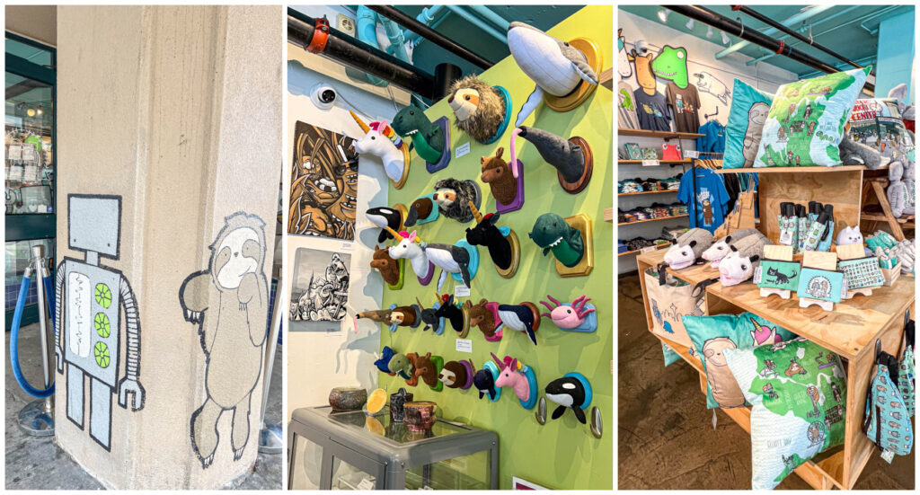 Three photo collage of a robot and sloth painted on column, stuffed animals on wall, and pillows on display at Robot vs Sloth.
