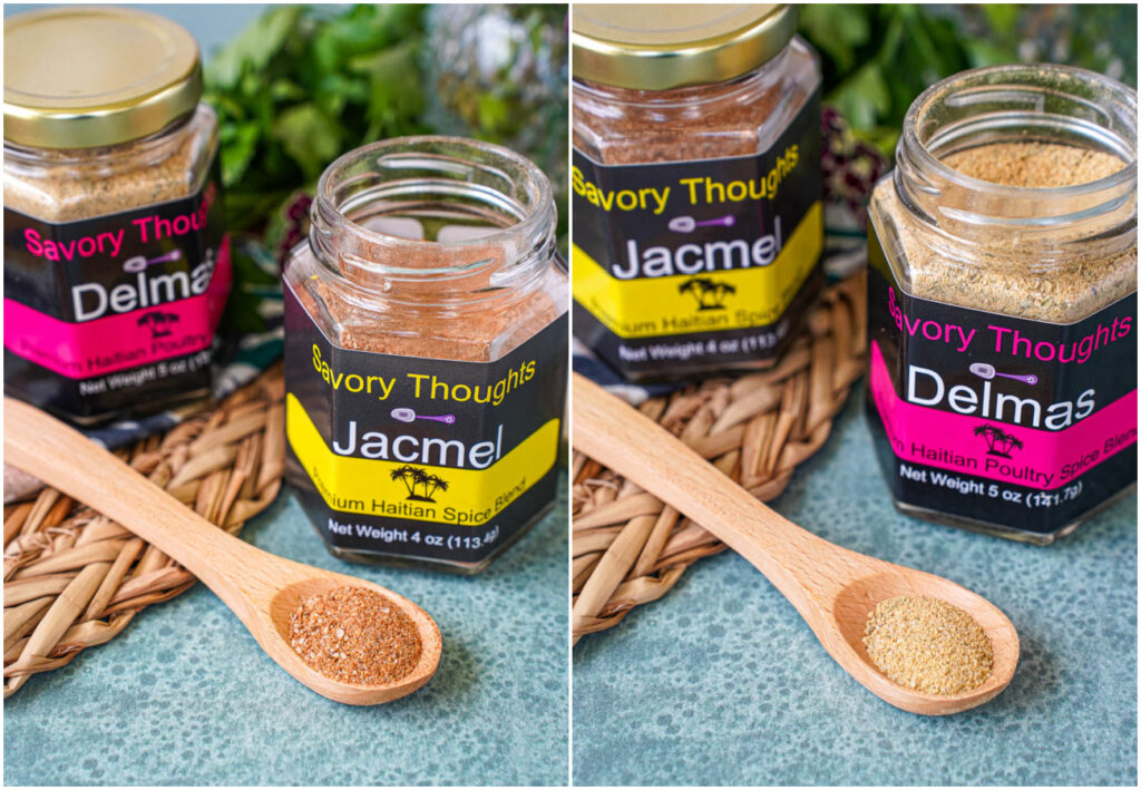 Two photo collage of Jacmel and Delmas Spice Jars with a spoon holding each spice.