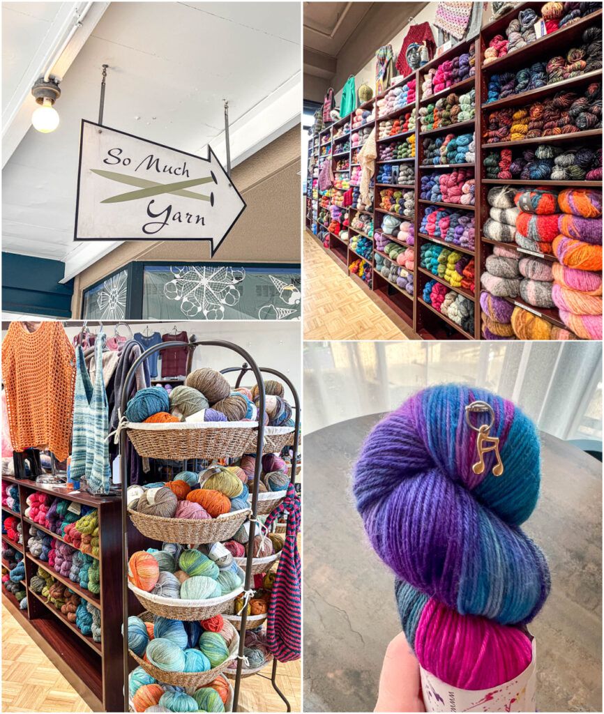 Four photo collage of So Much Yarn sign, yarn on a wall, yarn in a basket, and musical note charm on bundle of yarn.