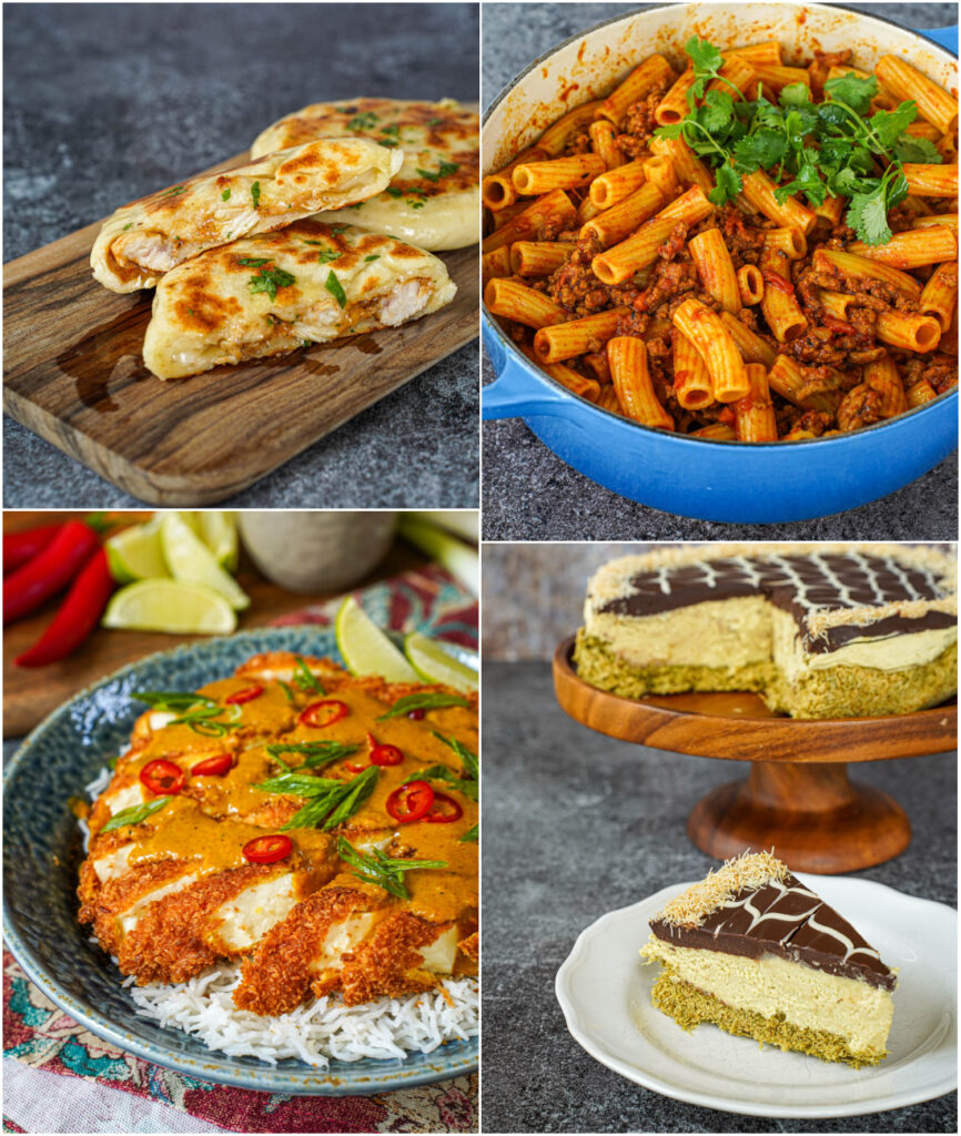 Chicken Tikka-Stuffed Mini Naans, Keema Pasta, Paneer Katsu Curry, and Pistachio Kunafa Cheesecake.