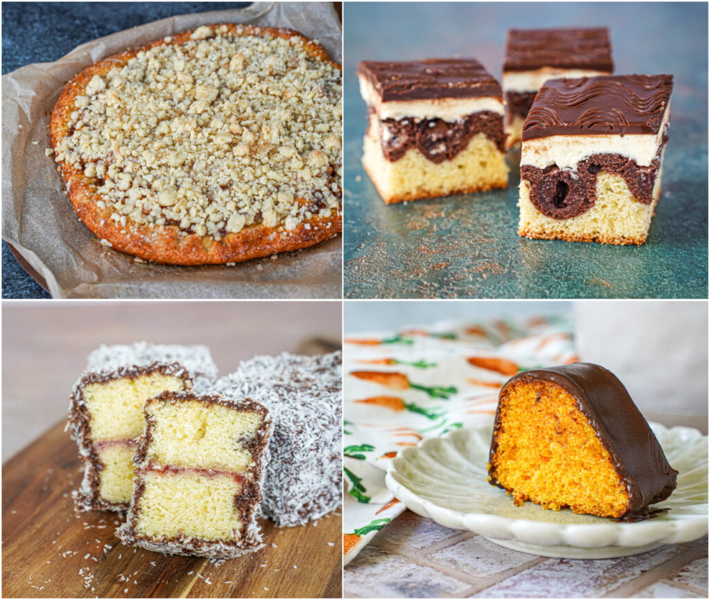 Czech Valašský Frgál, German Donauwelle, Australian Lamingtons, and Brazilian Bolo de Cenoura (Carrot Cake).