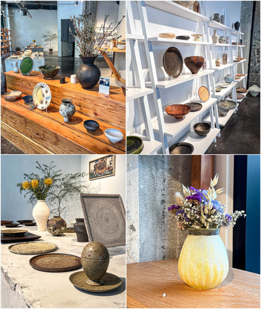 Four photo collage of bowls, plates, vases, and stands on display at Art on the Table.