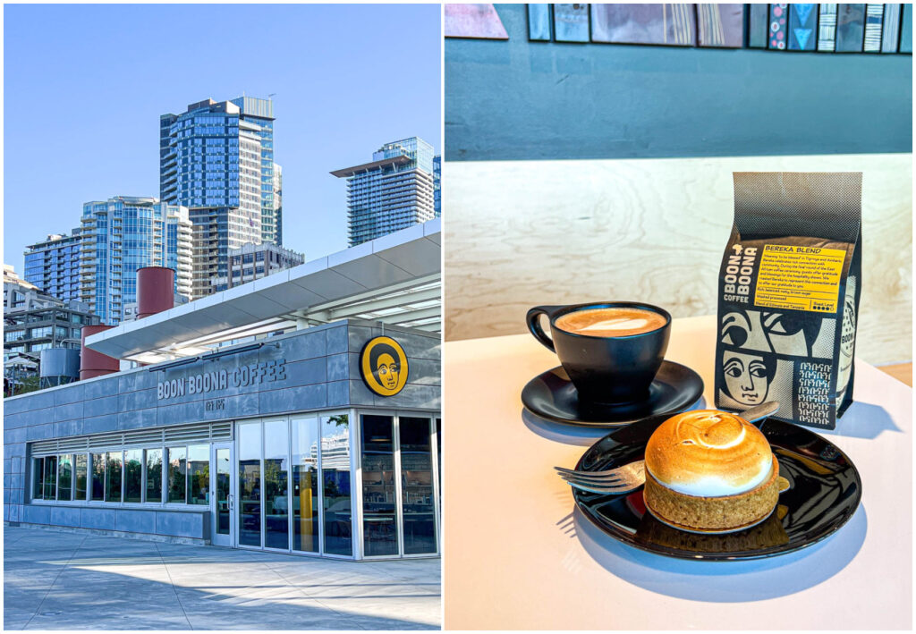 Two photo collage of entrance to Boon Boona Coffee with high rise buildings in the background and a lemon meringue tart next to coffee and bag of beans.