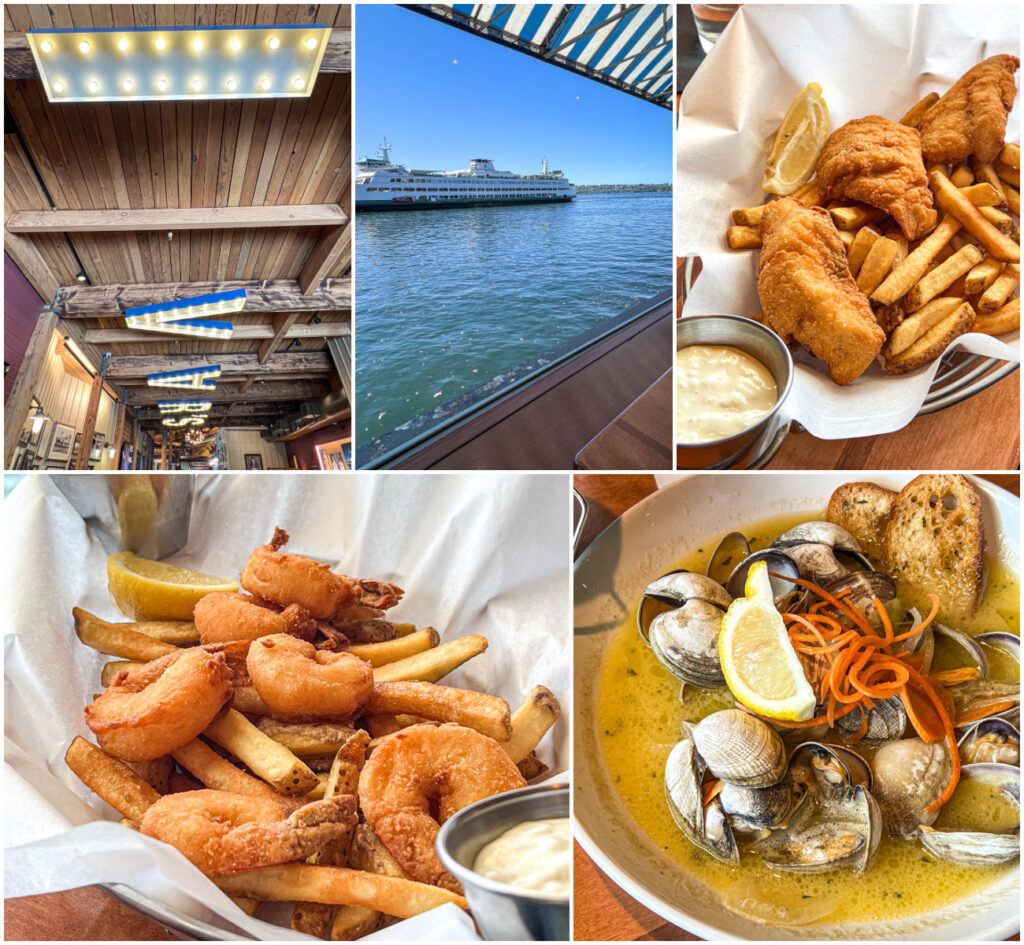 Five photo collage of Ivar's sign on ceiling, view of water and ferry from table, fish and chips, shrimp and chips, and sautéed Manila clams.