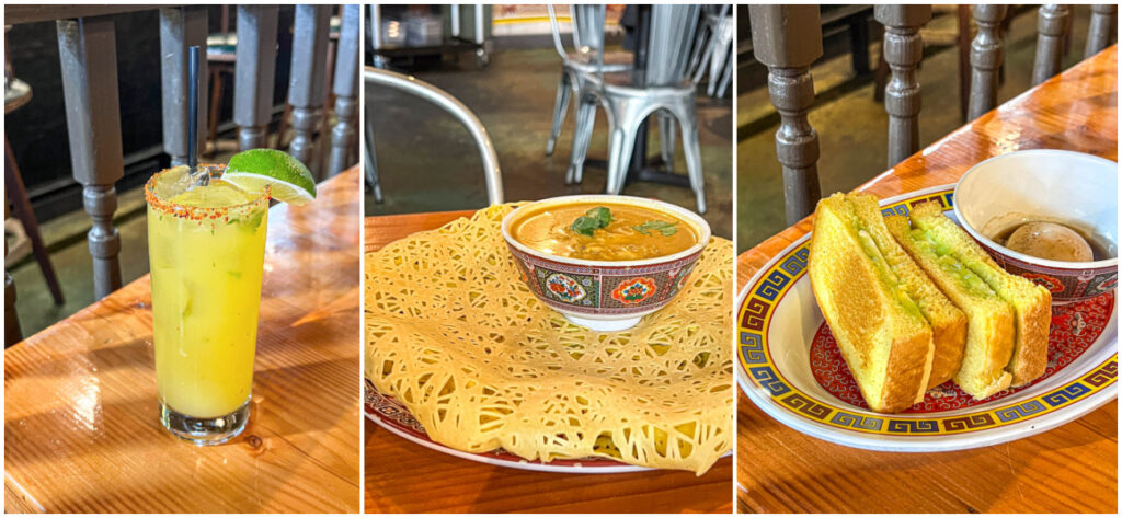 Three photo collage of Kedai Spice Cocktail, Roti Jala, and Kaya Toast.