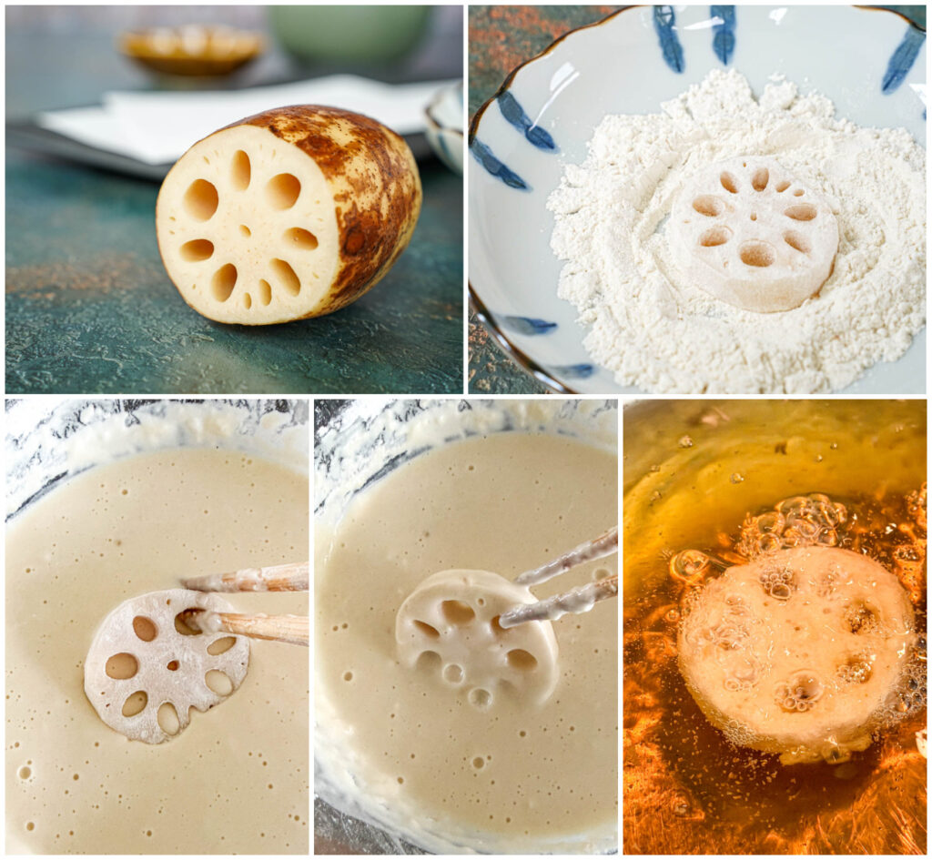 Five photo collage of a lotus root, lotus root covered in flour, dipping lotus root in batter, and frying lotus root.