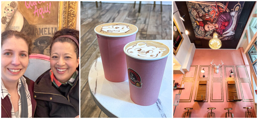Three photo collage of two women smiling, two latte cups with chocolate syrup designs on top, and pink wall with gold trim at Moore Coffee.