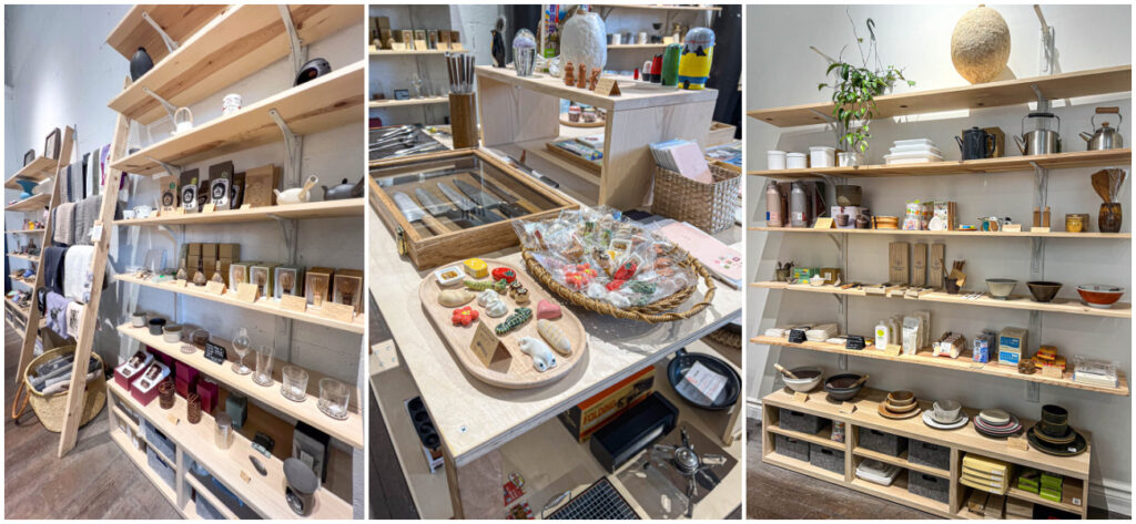 Three photo collage of glasses, chopstick rests, bowls, and plates on display at Muto Japan.