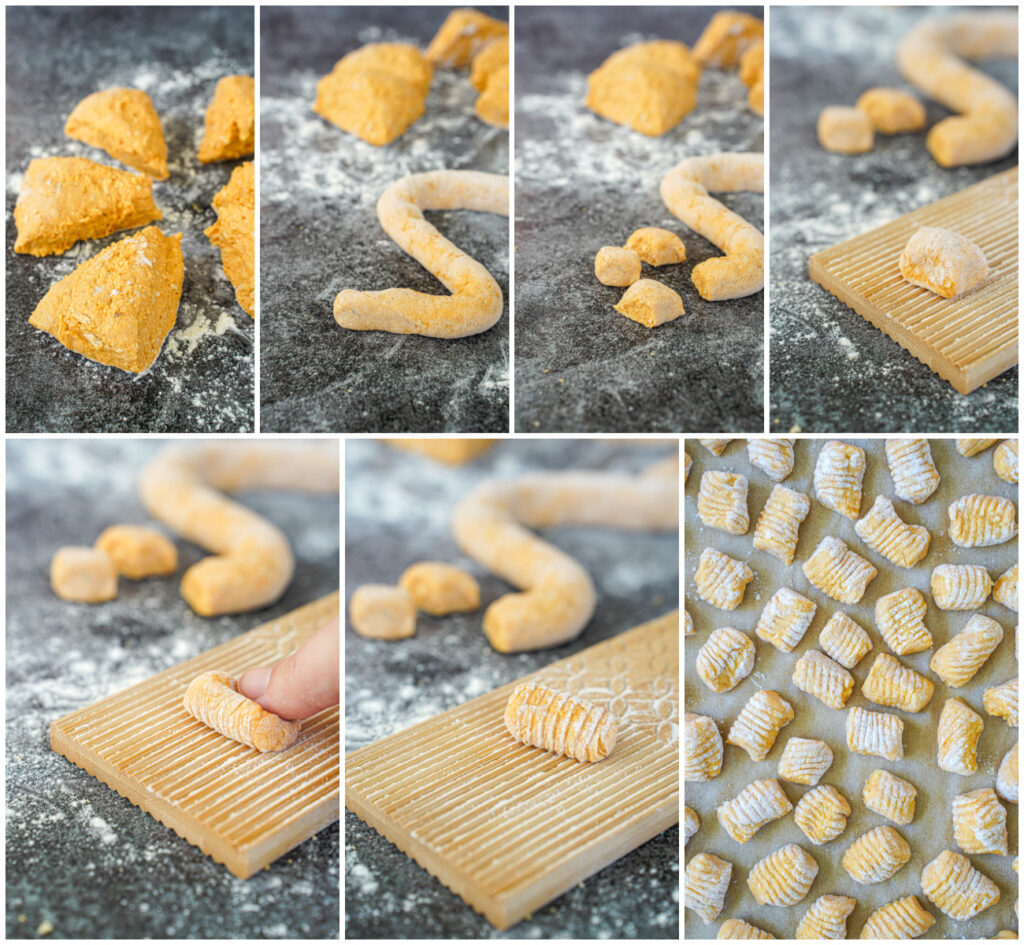 Seven photo collage of pumpkin ricotta gnocchi dough, dough rolled into rope, rope cut into pieces, rolling pieces on gnocchi board, and gnocchi on a sheet of parchment.