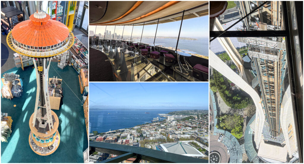Four photo collage of Space Needle made of lego, indoor seating, Elliott Bay, and elevator to Space Needle.