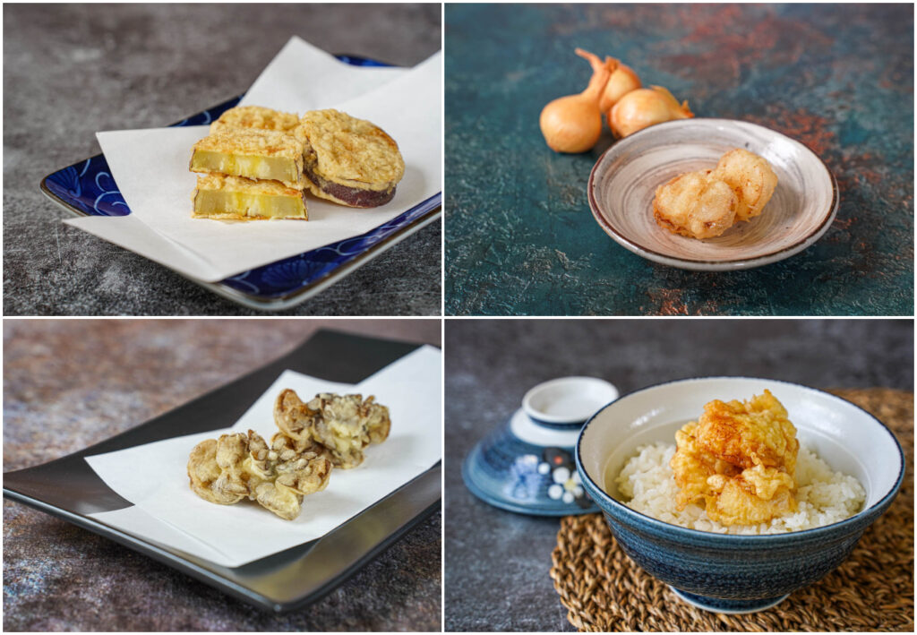 Sweet Potato Tempura, Pearl Onion Tempura, Maitake Mushroom Tempura, and Scallop Kakiage.
