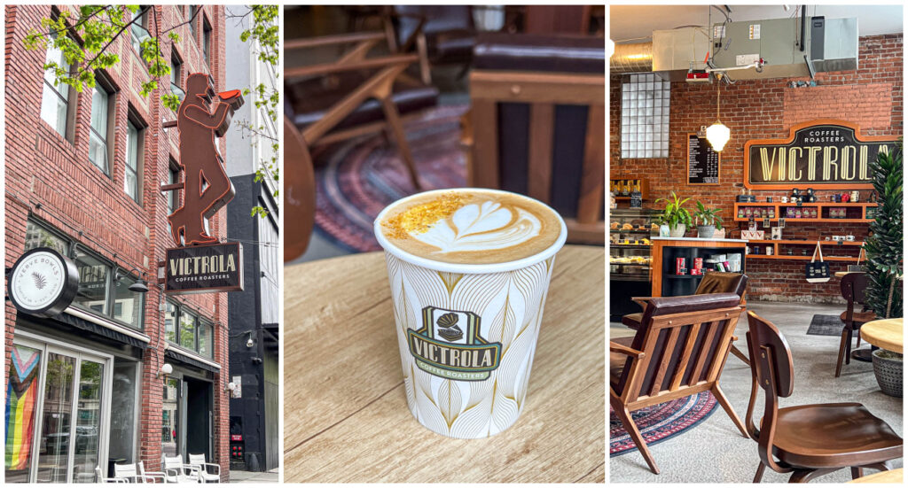 Three photo collage of Victrola Coffee Roasters entrance with man sipping coffee sign, a cup of blood orange ginger latte, and interior of the coffee shop with tables and chairs.