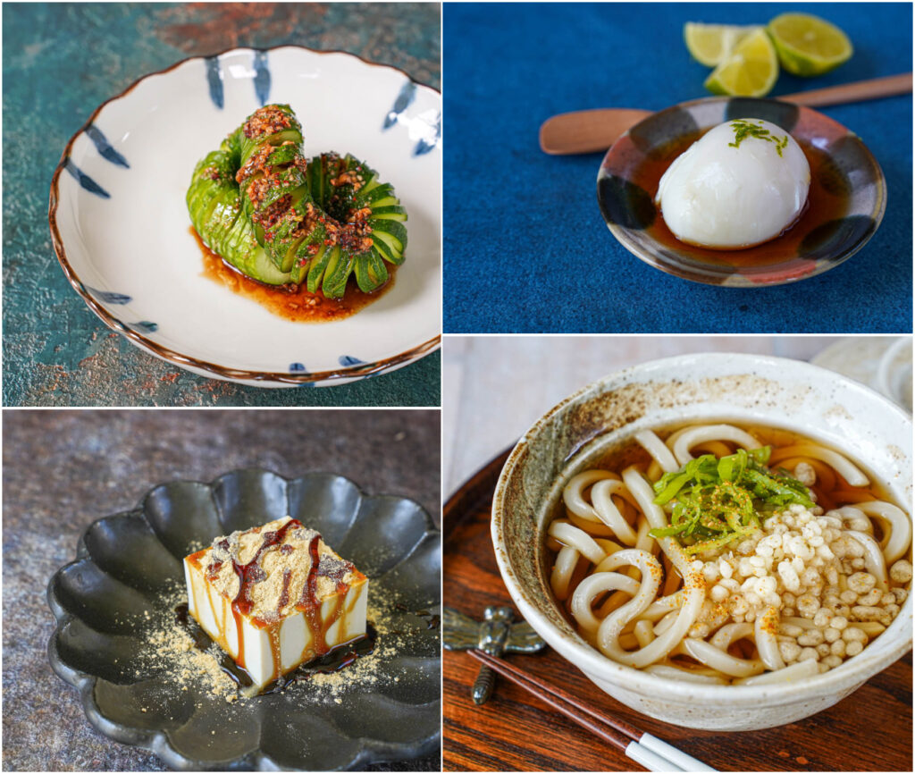 Cucumber "Snakes," Hot Springs Eggs, Chilled Tofu with Toppings, and Classic Udon.