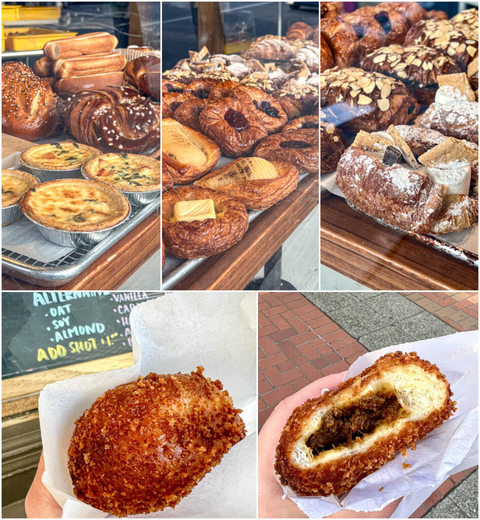Five photo collage of egg tarts, croissants, s'mores, and Curry Pan at Fuji Bakery.