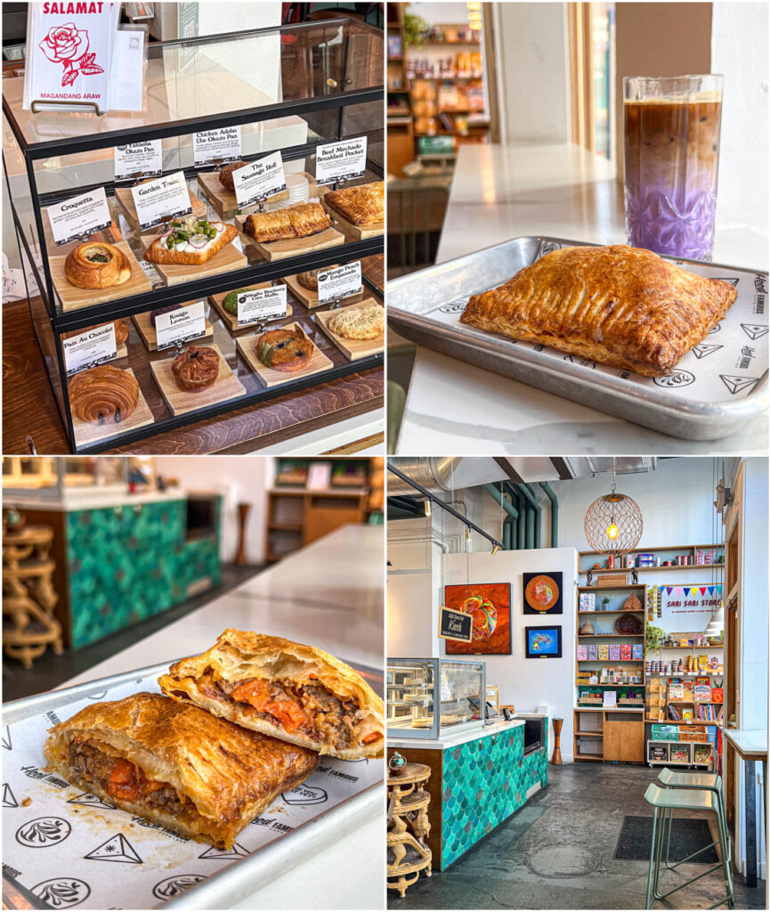 Four photo collage of pastries in a glass case, Beef Mechado pastry with Ube Latte, Beef Mechado pastry cut in half, and groceries on a shelf next to chairs.