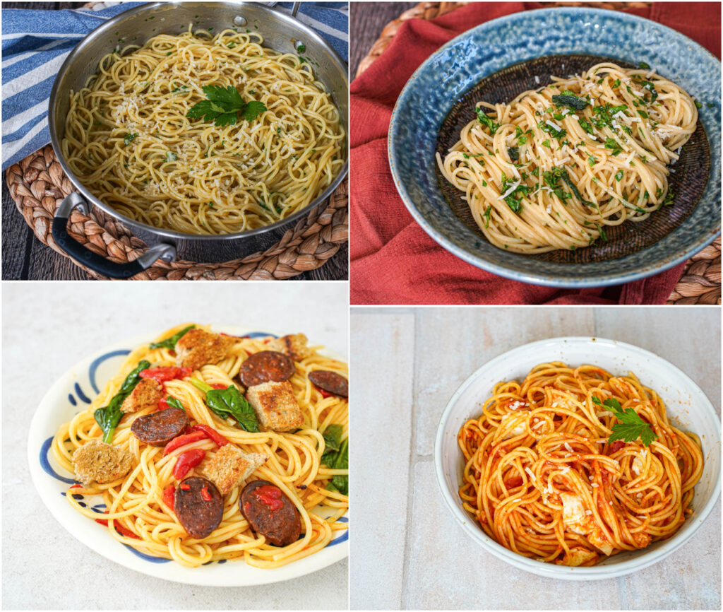 Chicken Stock & Parmesan Spaghetti, Spaghetti with Herby Brown Butter, Spaghetti with Chorizo & Crispy Croutons, and Molten Mozzarella Spaghetti.