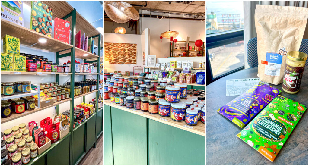 Three photo collage of sauce jars on a shelf, chocolate, Kaya, and coffee beans from Mixed Pantry.
