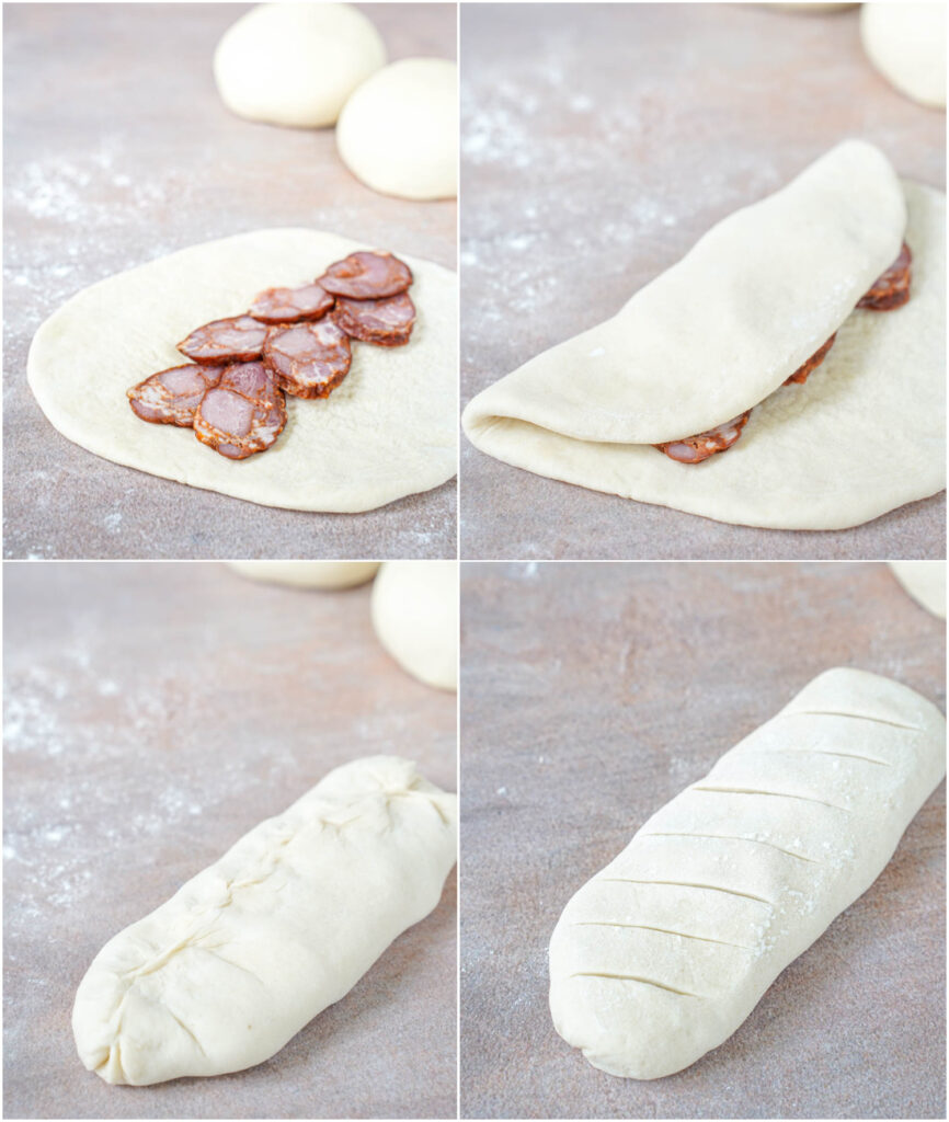 Four photo collage of chouriço slices along a sheet of bread, folding the bread over the chouriço, sealing the bread, and slices cut across the top.