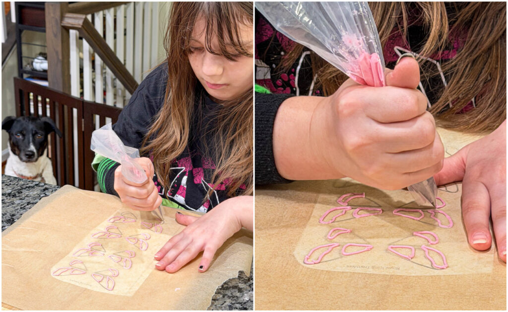 Two photo collage of girl piping pink wings on a piece of parchment.