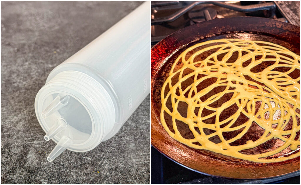 Two photo collage of squeeze bottle with three nozzles and a pan with spiraled batter.