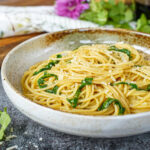 Spaghetti with Balsamic Butter in a tan bowl.